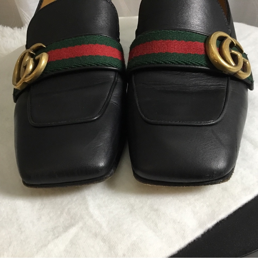 Authentic Gucci Black Leather Loafers with Red and Green Web & Gold Double G - Picture 3 of 12